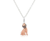 Sterling silver pendant in the shape of a Border Terrier with rose gold vermeil detailing and an enamel pink tongue, accompanied by a silver chain.